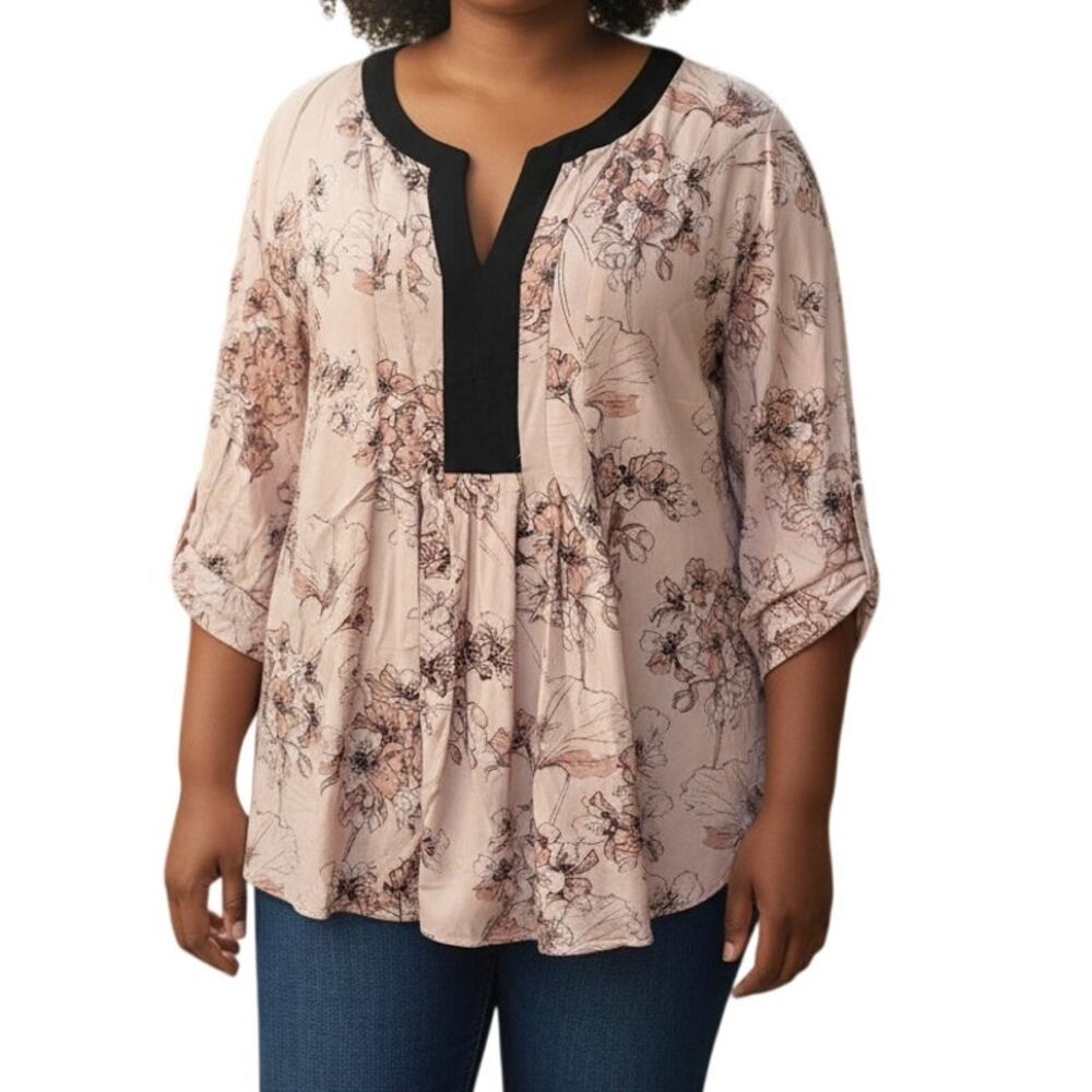 DR2 Blush Pink Floral Split-Neck Blouse with Black Trim